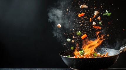 An energetic image capturing the magic of cooking with vibrant vegetables and spices flying in the air, symbolizing creativity and excitement in culinary arts and food preparation.