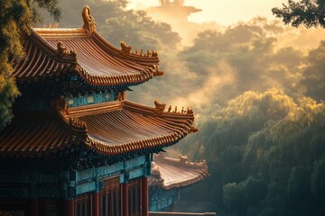 Obraz premium Beautiful sunset over traditional Chinese architecture with intricate roofs and vibrant colors in an ancient setting