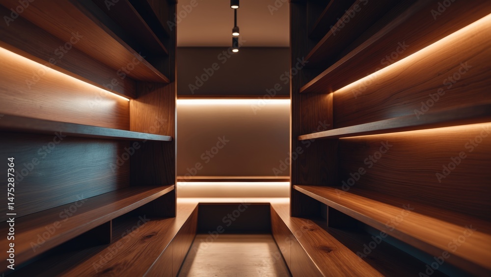 Aufkleber dark wooden shelf built into the wall illuminated by down-light in a space