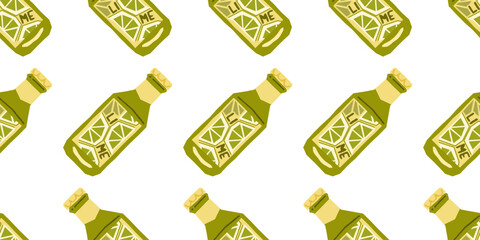 Seamless Lime Lemonade Bottle Pattern. Flat seamless pattern with stylized lime lemonade bottles. Repeated diagonal layout, green tones, isolated on white background.
