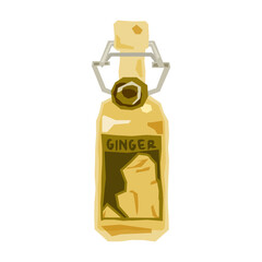Ginger Lemonade Bottle Vector Illustration. Flat vector illustration of a glass bottle with metal cap clasp, filled with ginger lemonade. Label shows a ginger root. Isolated on white background.