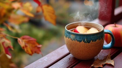 Cozy autumnal beverage with steaming hot  cider.