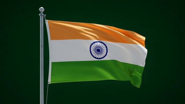 インド国旗 深緑背景 鮮やか三色 力強く翻る