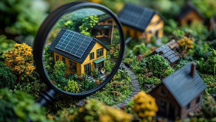 Toy houses with solar panels and greenery view