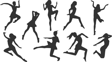 Silhouette of a beautiful girl dancing joyfully at a music festival under the open sky.