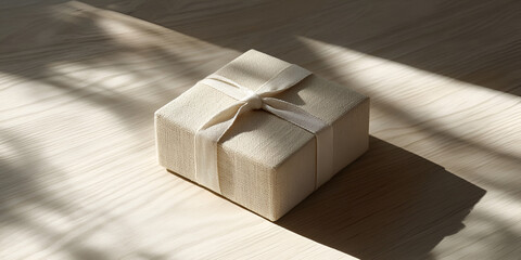 Gift Box on Wooden Table with Warm Lighting Background

