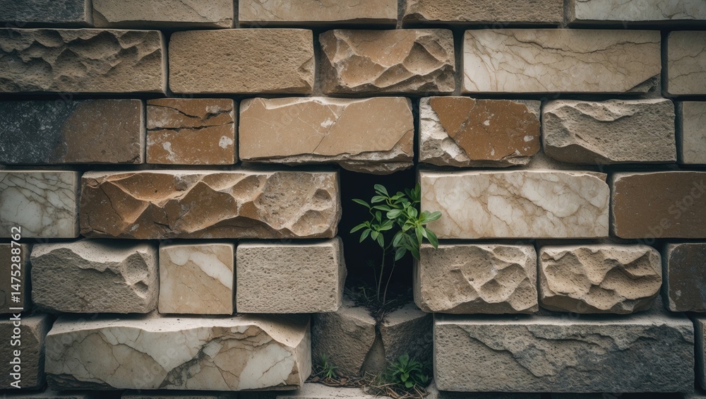 Poster marble-stone wall of a building with plants thriving in the spaces between