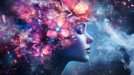 The Dream Weaver: A serene silhouette of a woman merges with a tapestry of celestial bodies and ethereal blossoms, embodying the boundless nature of imagination and the universe.