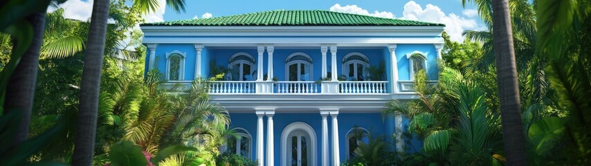 Obraz premium Blue tropical house with white columns and balcony, surrounded by lush greenery.