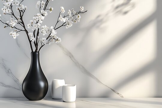 Elegant long-necked black ceramic vase set beside a cluster of minimalist white decor pieces 