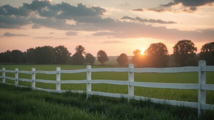 Fototapeta premium Bright summer sunset over a pasture with a white fence and green trees