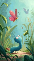 Obraz premium A whimsical illustration of a butterfly and caterpillar.