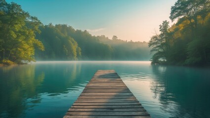 A wooden dock smoothly reaches into the peaceful waters of a quiet lake, amid the rustic allure of cottage country.
