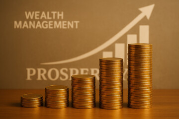 A visually appealing representation of wealth management featuring stacks of coins and an upward trending graph symbolizing growth and prosperity in financial planning.