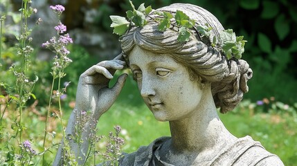 Serene stone statue woman garden outdoor nature green art old calm head hand grey white image photo