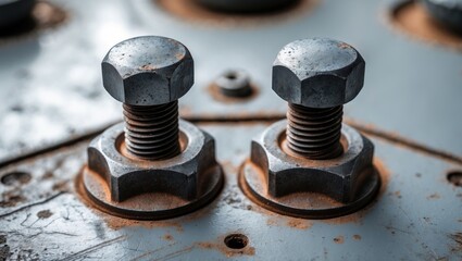 Macro of aged rusty bolts with rounded heads on a rough white metal background