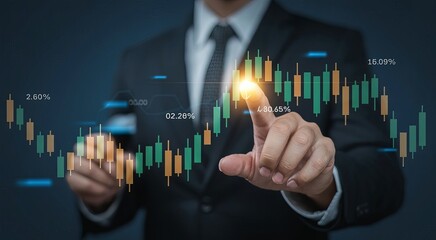 Businessman touching a virtual screen with a rising stock market graph chart and financial data, a candlestick trading concept on a digital tablet in hand over a dark background.