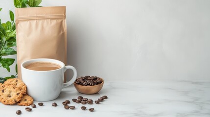 Obraz premium A cozy coffee setup featuring a white mug with coffee, a bowl of roasted coffee beans, and cookies, beautifully arranged to create a warm and inviting atmosphere.