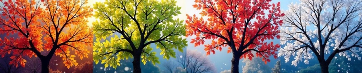 Fototapeta premium Collage of vibrant summer tree branches next to snowy winter tree branches, change, transformation