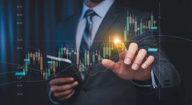 Businessman touching a virtual screen with a rising stock market graph chart and financial data, a candlestick trading concept on a digital tablet in hand over a dark background.