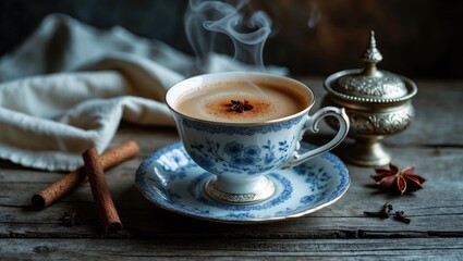 Fototapeta premium Homemade Masala Tea Latte: Warm Traditional Spiced Milk Beverage in a Porcelain Cup on Wooden Table