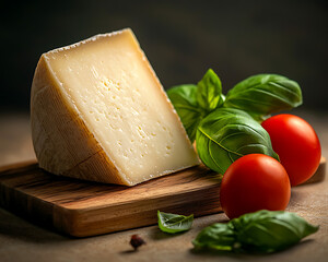 Aged cheese wedge with basil and tomatoes
