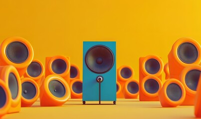 Colorful sound system showcasing speakers in vibrant tones. A creative audio setup radiating energy and innovation, with a central piece in teal.