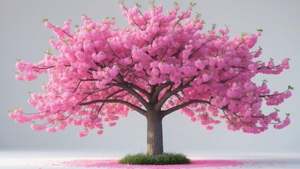 Pink blossom sour cherry tree on a plain background.