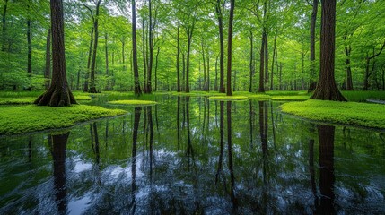 Fototapeta premium Serene swamp forest reflected in still water. Lush green trees line a tranquil marsh