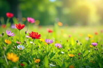 Diverse blooming wildflowers in a lush meadow, vibrant green grass, sunlight Eco-friendly, sustainable environment , tranquil, friendly