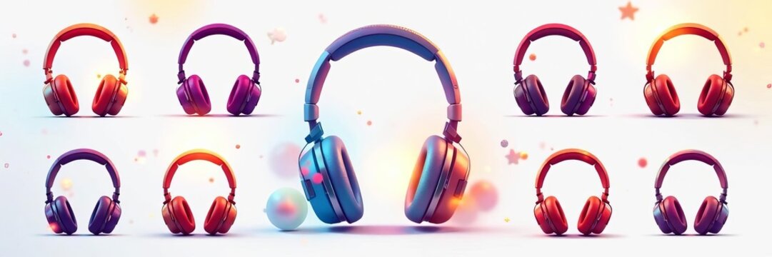 Collection of headphone icons in abstract shapes and vibrant colors, sound, equipment