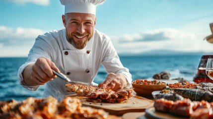 A joyful chef grilling delicious seafood dishes in an outdoor setting by the ocean, celebrating the art of cooking and the beauty of culinary experiences.