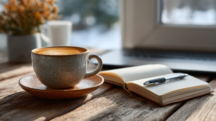 Morning routine of remote worker with journal, coffee and laptop ready