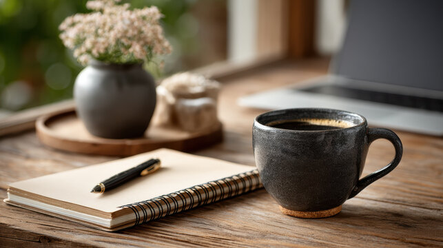 Morning routine of remote worker with journal, coffee and laptop ready