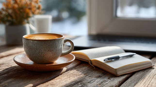 Morning routine of remote worker with journal, coffee and laptop ready