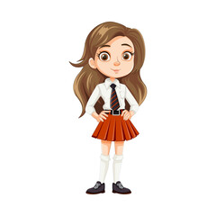Cartoon Schoolgirl in Uniform Standing with Hands on Hips – PNG with Transparent Background