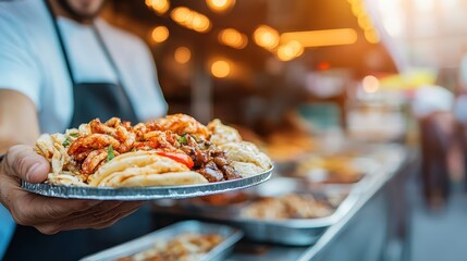 A hand holding a plate filled with an assortment of delicious tacos from a colorful food truck, showcasing the vibrant street food culture and culinary delights.