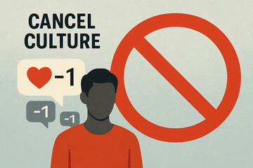 This illustration highlights the concept of cancel culture, depicting a person surrounded by negative feedback symbols