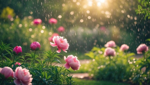 Flower garden illuminated by sunshower and vibrant blooms