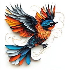 Fototapeta premium Vibrant Mythical Bird with Colorful Feathered Wings in Surreal Digital Fantastical creature in flight with ornamental abstract design elements Captivating creative digital art image