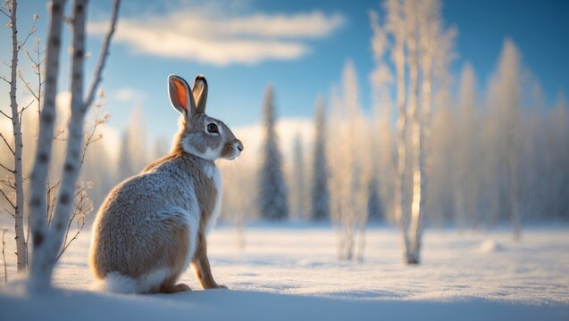 Hare in winter pelage from behind, seated in snowy winter landscape with birch trees and a blue sky