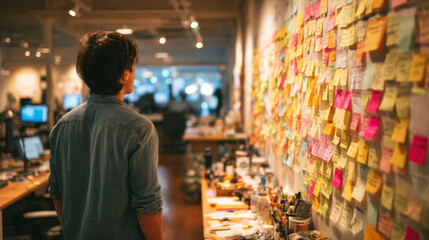 Freelancer tracking tasks on kanban board app, peaceful workspace