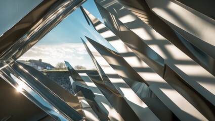 Looking out from inside through frosted, fluted glass, the landscape appears warped with light dispersion and shadows forming triangular shapes.