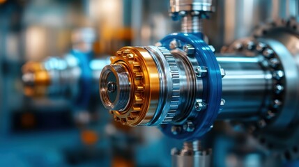 Obraz premium A close-up shot of an intricate, well-crafted industrial component showcasing precision engineering, reflecting the mechanics of contemporary machinery.