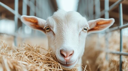 An endearing close-up of a goat looking curiously at the camera inside a cozy barn, showcasing the simple charm of farm life and connection with nature.