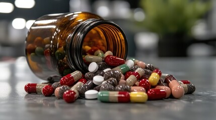 This striking image showcases an assortment of colorful pills spilling from a jar onto a tabletop, representing health, wellness, and pharmaceutical care in a visually engaging manner.