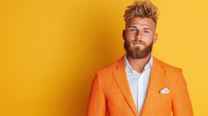 A fashionable young man stands confidently in a striking orange suit against a simple yellow background, radiating charisma and contemporary style, showcasing modern fashion trends.