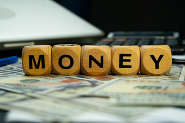 wooden block with "MONEY" written on it arranged on top of several dollar bills, with an eye level view. This image is ideal for use in business and financial backgrounds.
