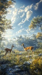 Deer in sunlight among trees and open field