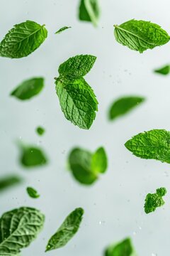 Fresh Mint Leaves Floating in Air Studio Shot Clean Background Herbal Ingredient Food Photography